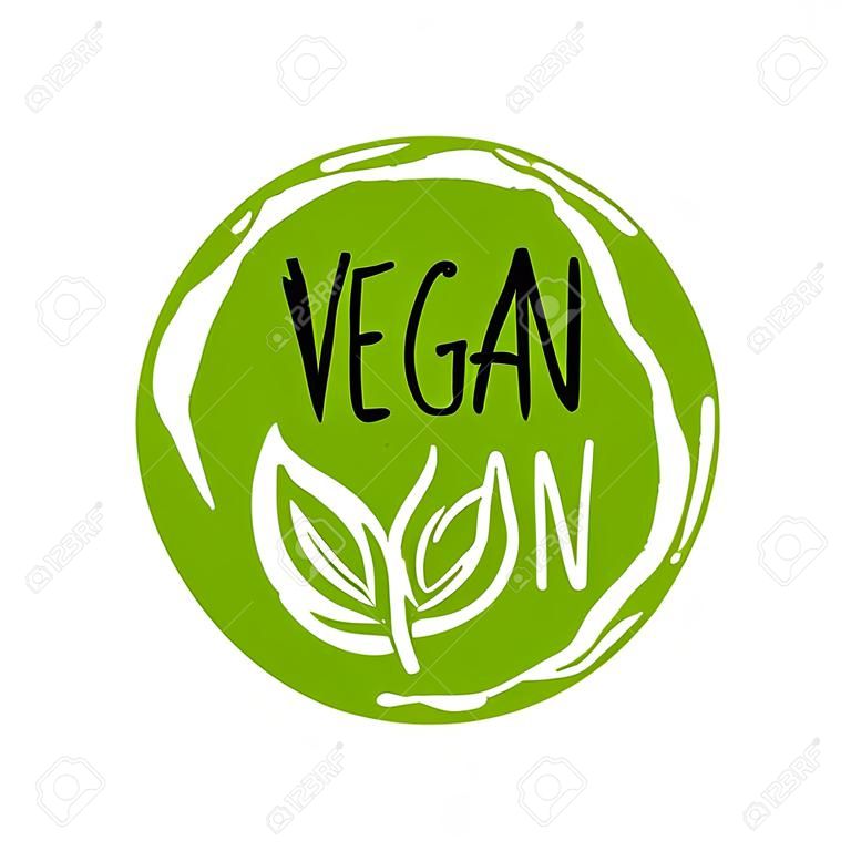矢量圓生態，生物綠色標誌或標誌。素食主義者，生，健康食品徽章，咖啡廳，餐館，包裝的標籤。手繪圈，葉，植物元素與刻字。有機設計模板。