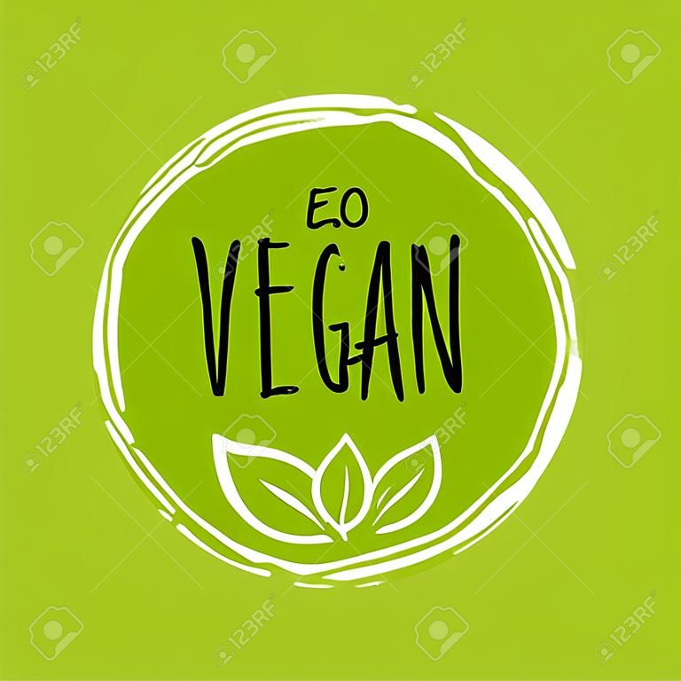 Вектор круглый эко, био зеленый логотип или знак. Веганский, сырой, значок здоровой пищи, бирка для кафе, ресторанов, упаковка. Ручной обращается круг, листья, элементы растений с буквами. Шаблон органического дизайна.