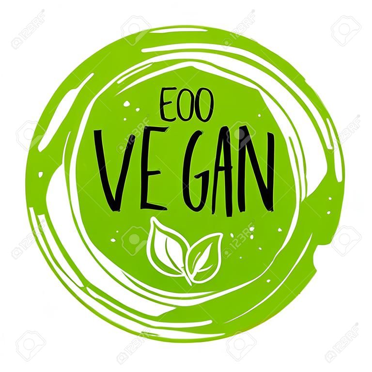 Vector ronde eco, bio groen logo of teken. Veganistisch, rauw, gezond voedsel badge, tag voor cafe, restaurants, verpakking. Hand getrokken cirkel, bladeren, plantaardige elementen met letters. Organisch ontwerp template.