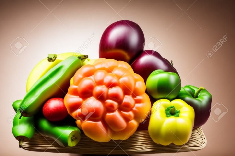 Grupuj warzywa i owoce jabłka, banany w drewnianym koszu z marchewką, pomidorami, guawą, chili, bakłażanem, złotym strąkiem, zieloną sałatą na białym tle.