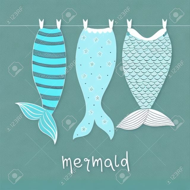 Vector hand drawn illustration with mermaid tails