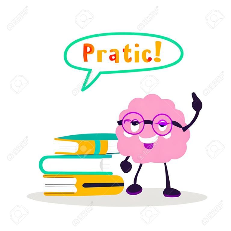 Ilustração plana do caráter divertido do vetor do treinamento do cérebro. Pratique o conhecimento seu emoji do cérebro que está perto de livros.
