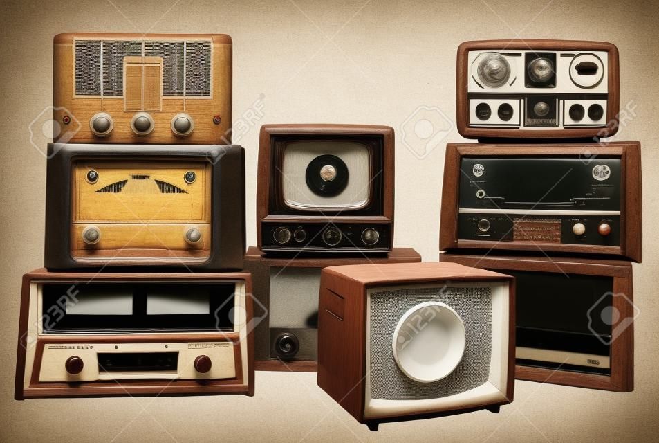 Old vintage radios and televisions isolated on white background with clipping path. All logos and trademarks have boon removed