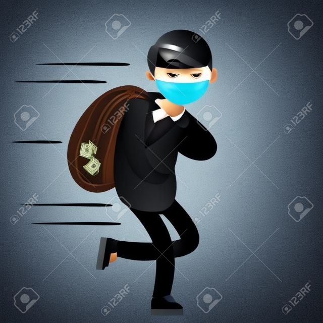 Thief with bag of money. Problem of urban economic security. Cartoon flat illustration. Bank robbery. Funny criminal man in black mask