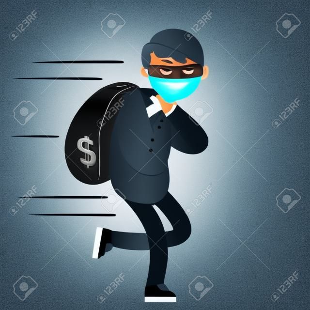 Thief with bag of money. Problem of urban economic security. Cartoon flat illustration. Bank robbery. Funny criminal man in black mask