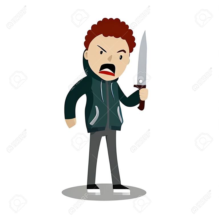 Angry young man with a knife. The Street Crime. A criminal guy offender. A robber is a thief in a hoodie. Urban security problem - Cartoon flat illustration
