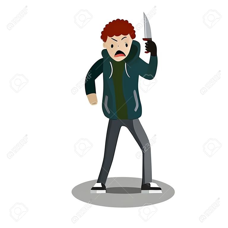 Angry young man with a knife. The Street Crime. A criminal guy offender. A robber is a thief in a hoodie. Urban security problem - Cartoon flat illustration