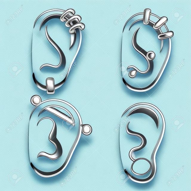 Piercing aux oreilles. ensemble de différents types de boucles d'oreilles et de bijoux pour femmes. illustration de dessin animé