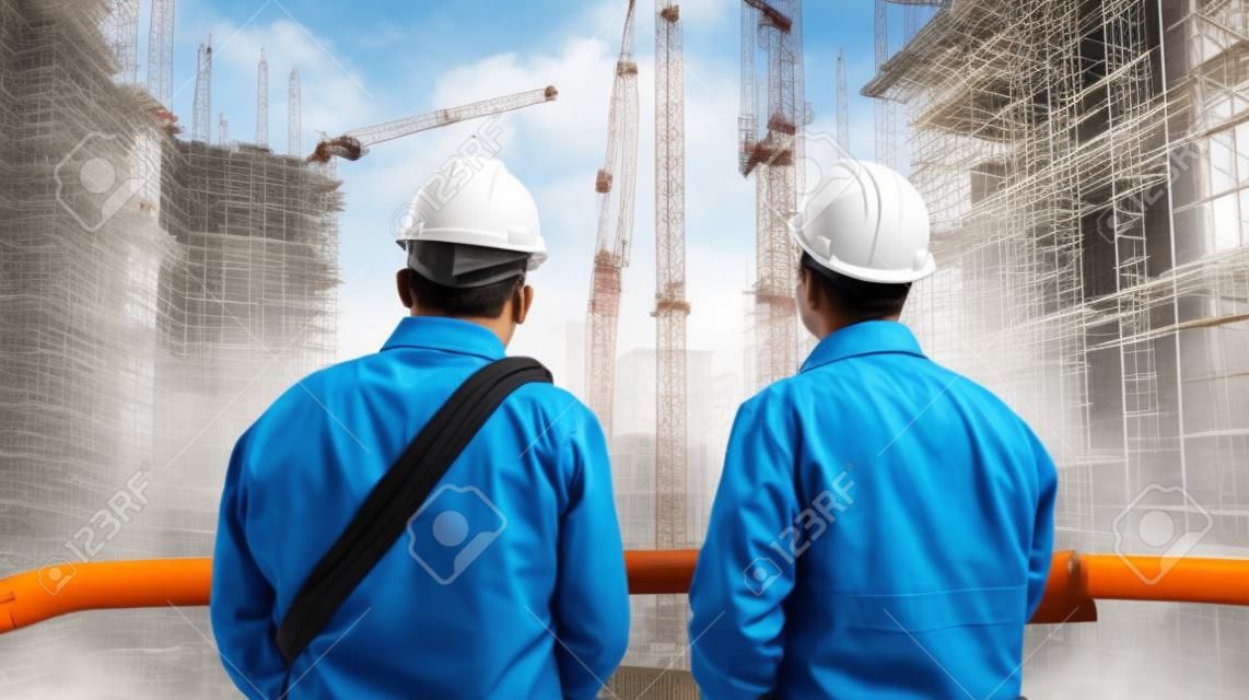 Two workers, rear view, on construction site. Engineers in protective uniforms and helmets at work. Construction of buildings created with Generative AI Technology