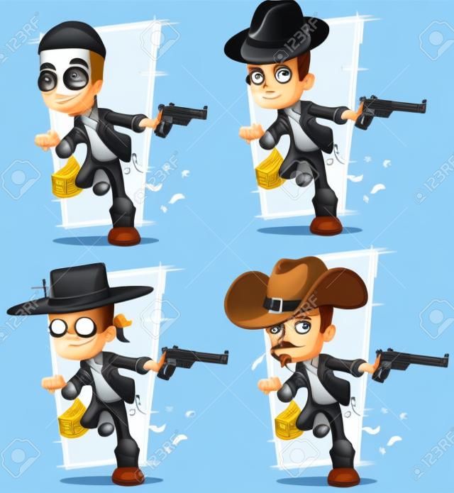 Cartoon bank robber criminal with money and pistol character vector set