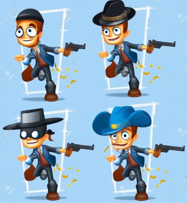 Cartoon bank robber criminal with money and pistol character vector set