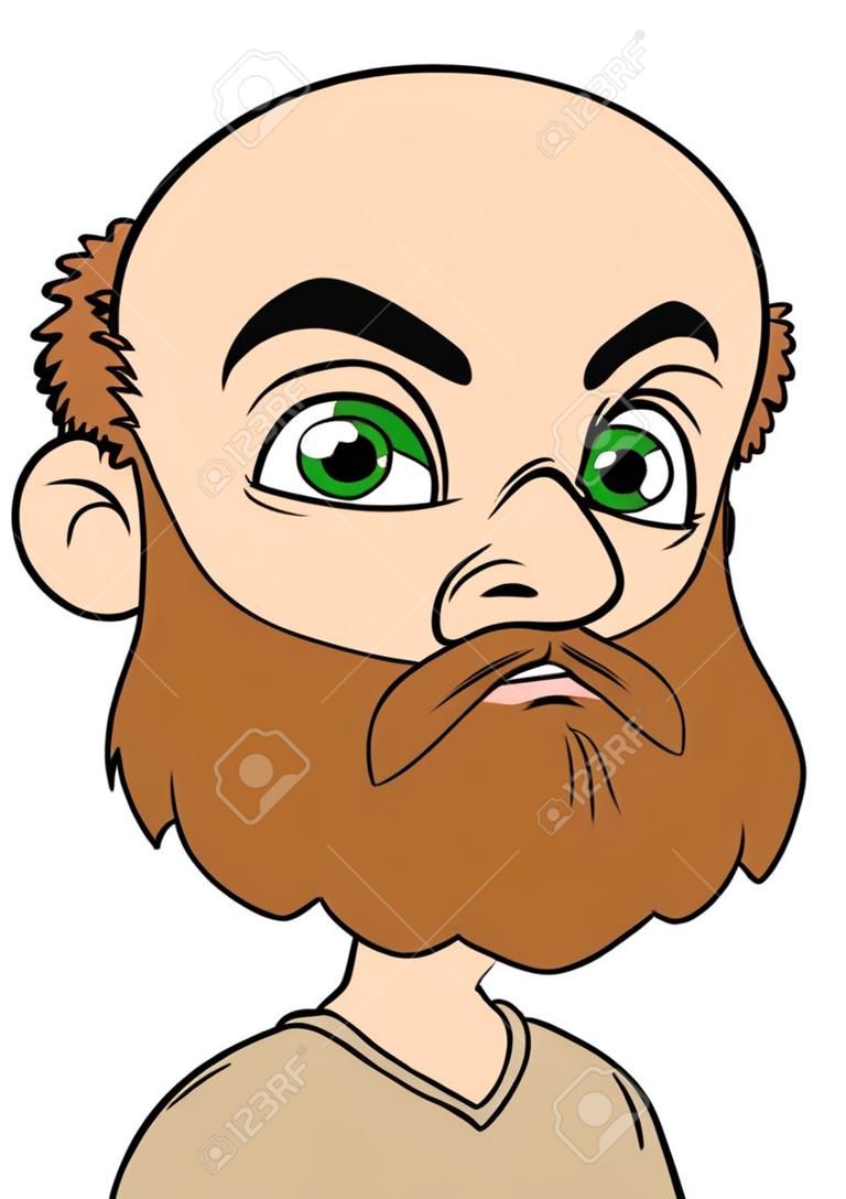 Cartoon bald angry boy character with big beard. Isolated on white background. Vector icon avatar.