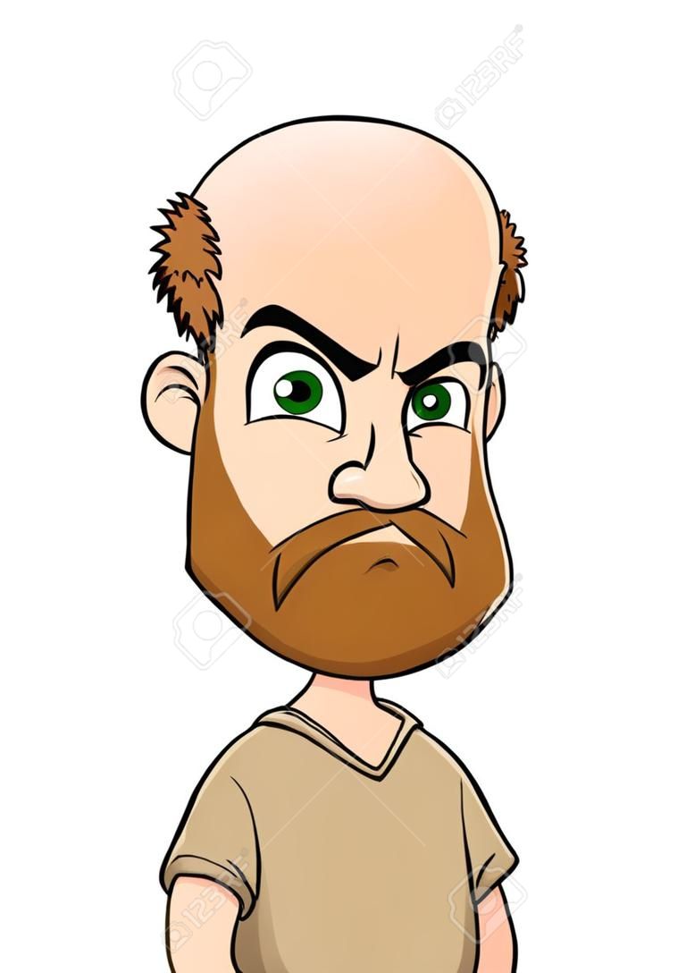 Cartoon bald angry boy character with big beard. Isolated on white background. Vector icon avatar.