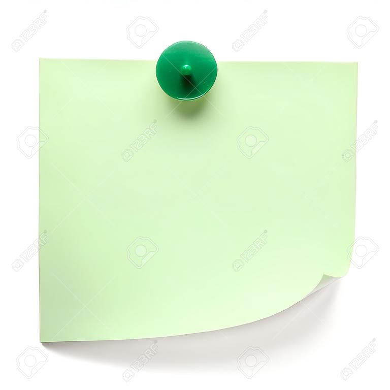 Green post-it note pinned on a pure white background. Waiting for your message.