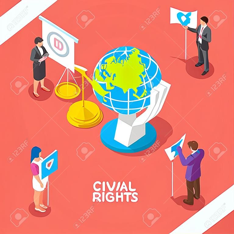 Isometrische platte vector concept van civiele en mensenrechten, vrijwilligers beweging.
