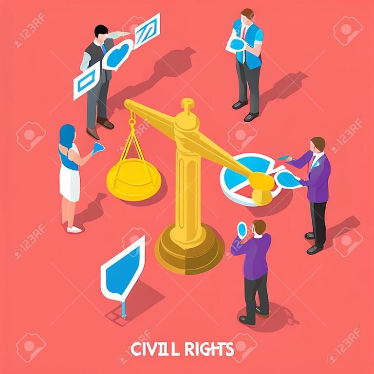 市民と人権、ボランティア運動のアイソメトリックフラットベクトル概念。