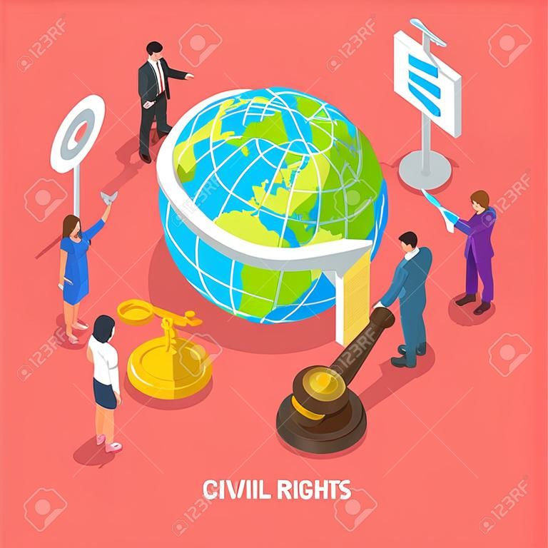 Isometric flat vector concept of civil and human rights, volunteers movement.