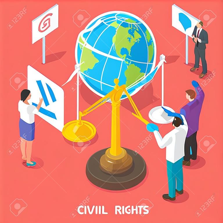 Izometryczne płaskie wektor koncepcja praw obywatelskich i praw człowieka, ruch wolontariuszy.