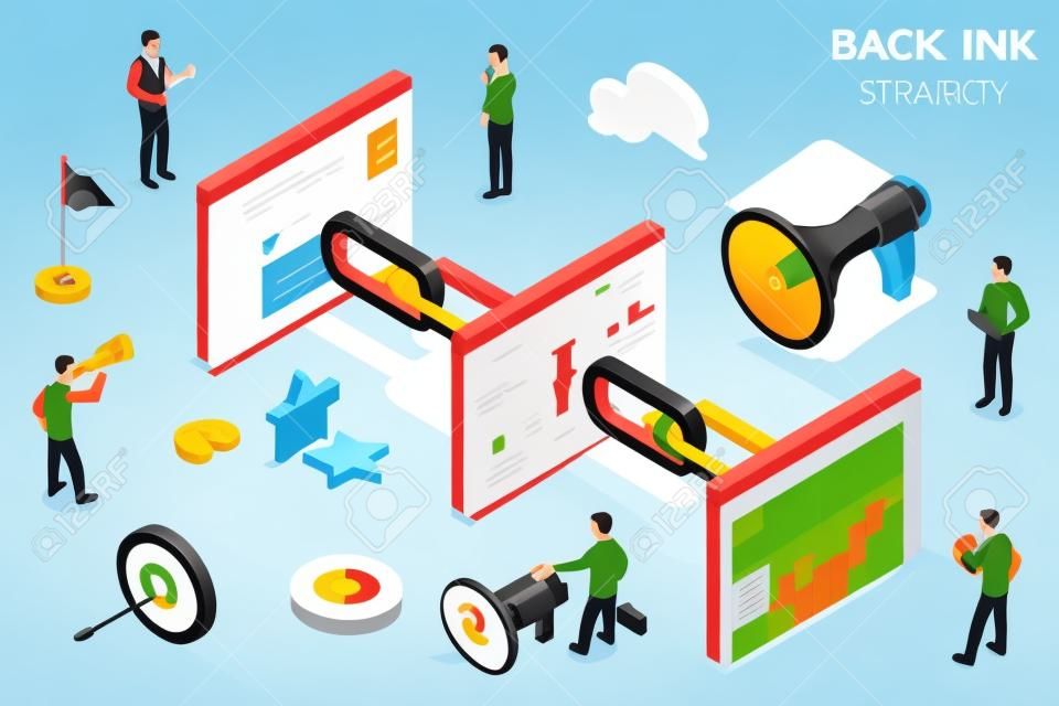 Isometric flat vector concept of backlink strategy, SEO link building, digital marketing campaign.