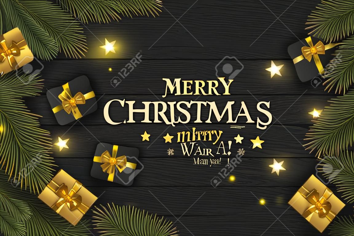 Christmas Vector Composition on Dark Wooden Background. For Greeting Card.
