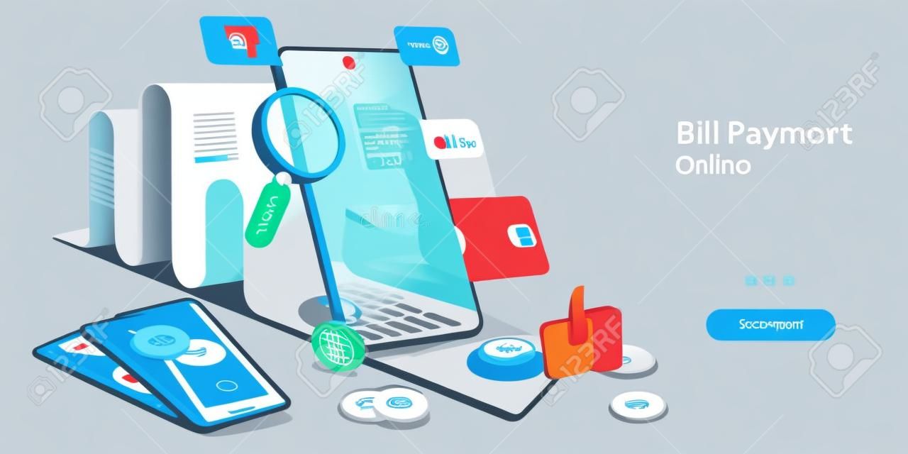 Vector concept illustration of bills online payment, secure mobile transaction, electronic shopping and banking. Template for website landing page.