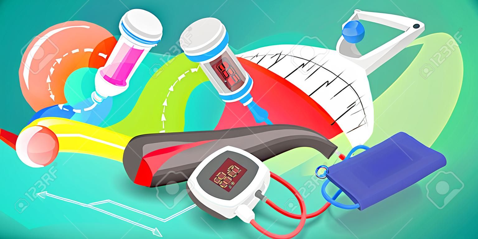 Illustrazione concettuale vettoriale 3D della misurazione della pressione sanguigna, rischio per la salute dell'ipertensione