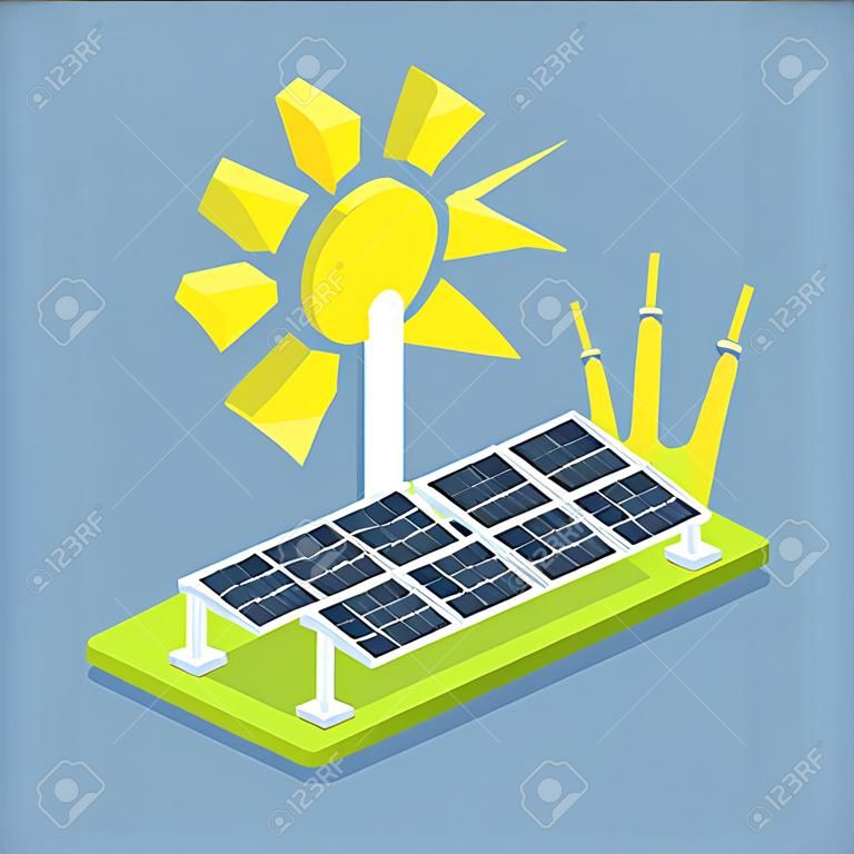 3D Isometric Flat Vector Icon of Solar Energy, Ecological Sustainable Power Supply