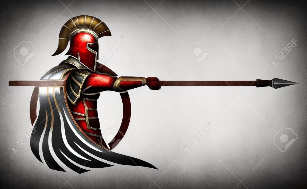 Spartan con lanza y escudo sobre fondo blanco.
