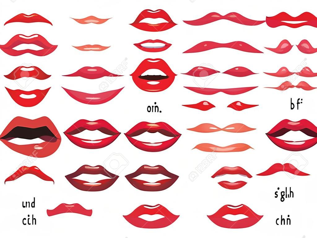 Mundanimation. Animierte Phoneme der Lippensynchronisation für Zeichenzeichen der sprechenden Frau der Karikatur. Münder mit roten Lippen, die Animationen im englischen Sprachtext für Bildungsform isolierten Symbolvektorsatz sprechen