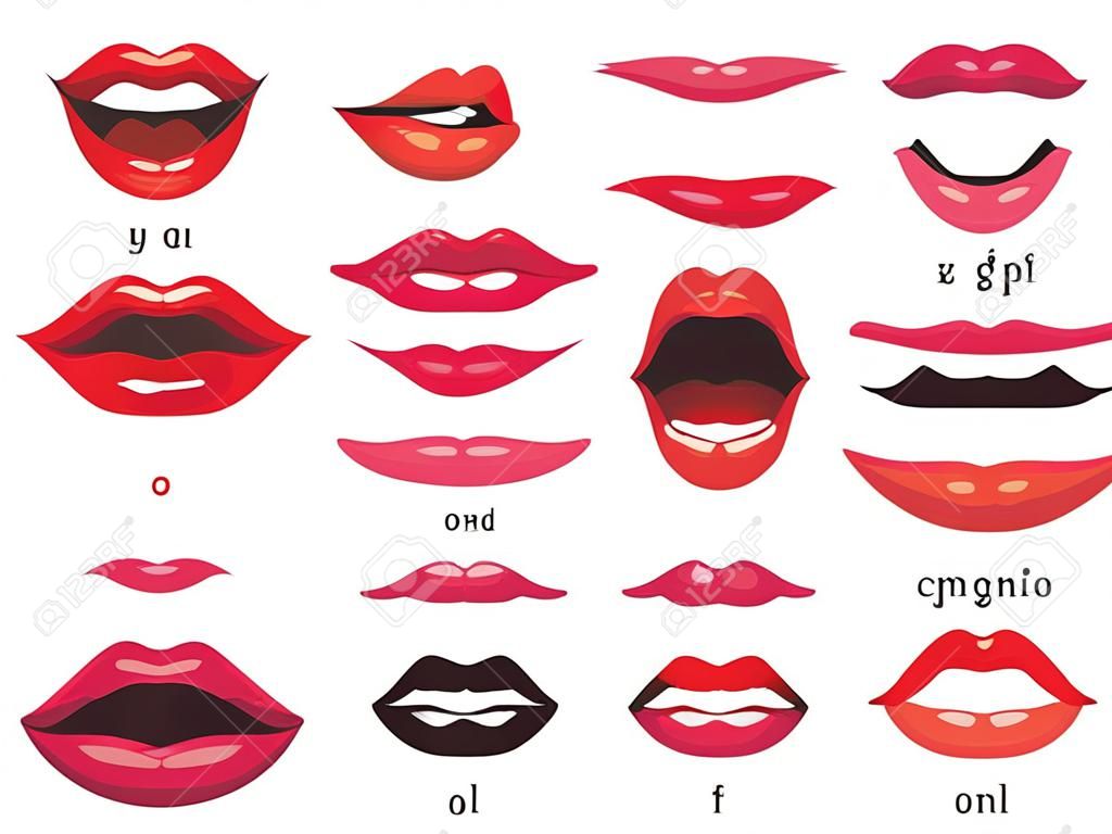 Mouth animation. Lip sync animated phonemes for cartoon talking woman character sign. Mouths with red lips speaking animations in english language text for education shape isolated symbol vector set