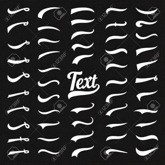 Typography tails shape for football or athletics sport team sign text. Texting letters tail for lettering or old baseball varsity sport logo design black vector retro line typography isolated icon set