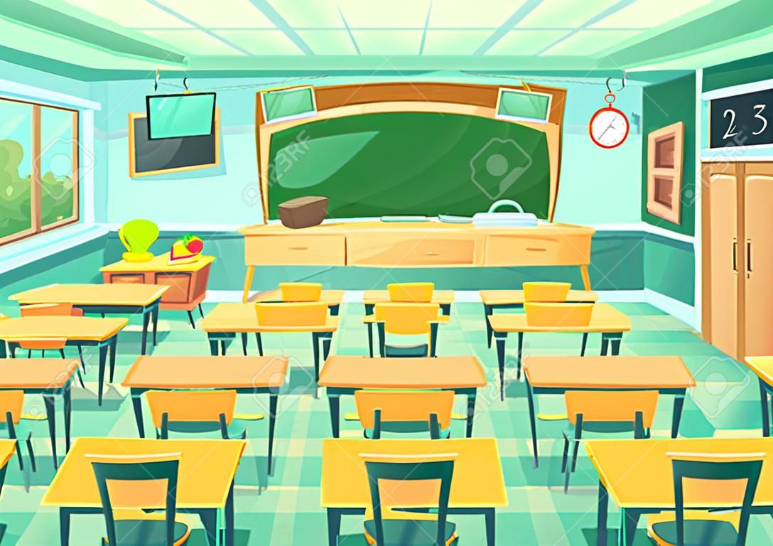 Empty cartoon classroom. School exam room with elementary class chalkboard and blackboard desks lesson college supplies students. Modern mathematical classrooms table interior vector illustration