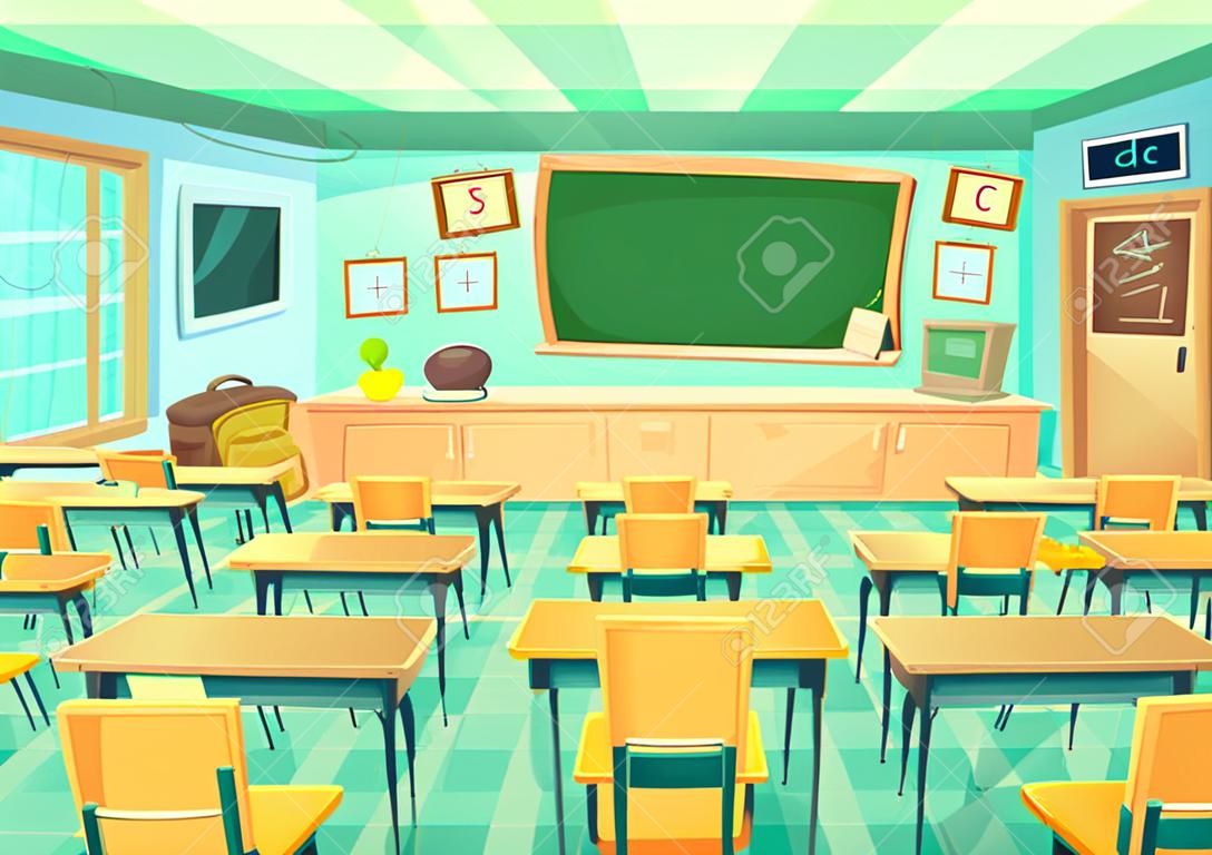 Empty cartoon classroom. School exam room with elementary class chalkboard and blackboard desks lesson college supplies students. Modern mathematical classrooms table interior vector illustration