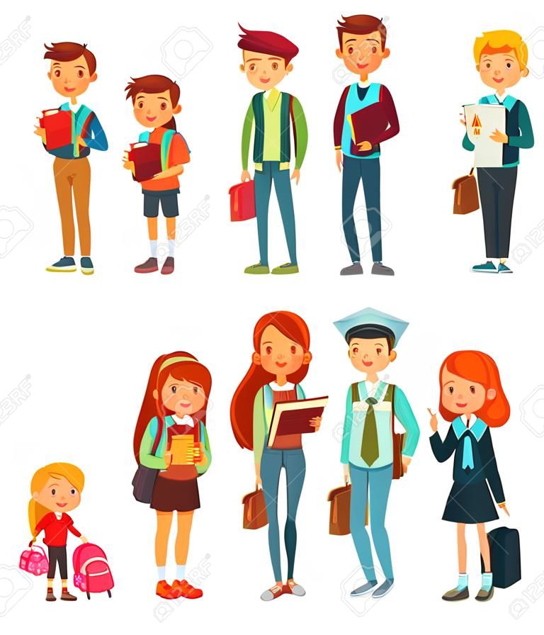 Different ages students. Primary pupil, junior secondary high school kids and college university student. Growing boys and girls stage education, age grow cartoon vector isolated icons set