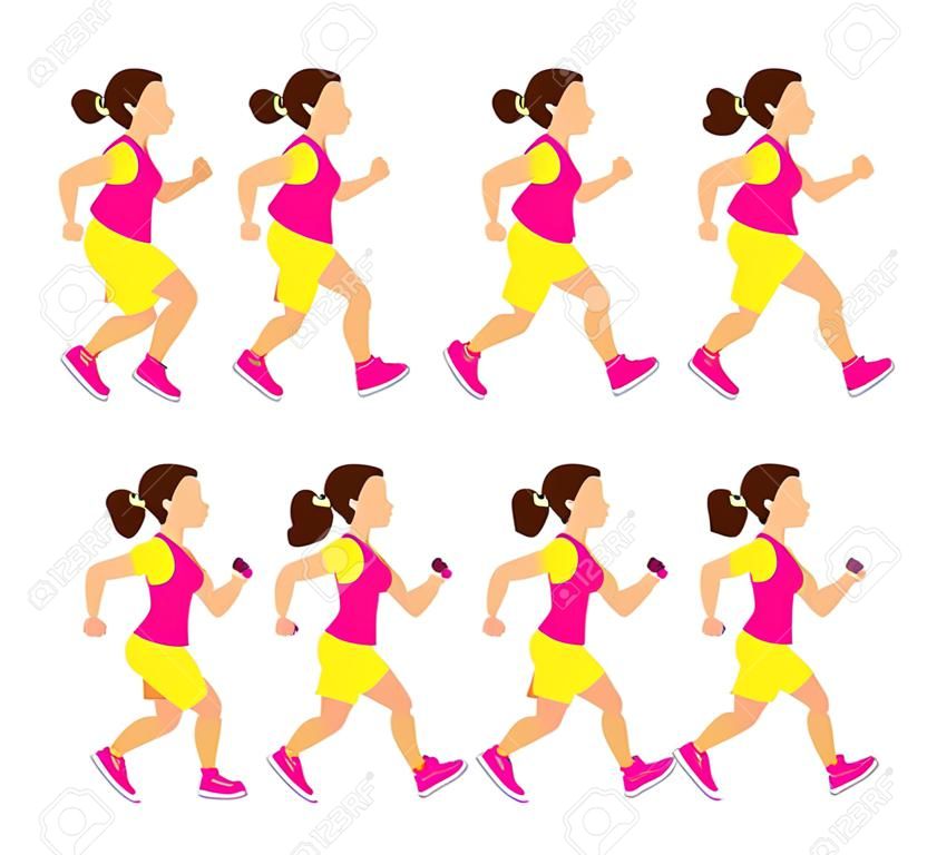 Animation de fille en cours d'exécution de dessin animé. Profil de personnage athlétique jeune femme courir ou marche rapide. Sport de mouvement animé marche vue latérale, illustration vectorielle de coureur longue distance