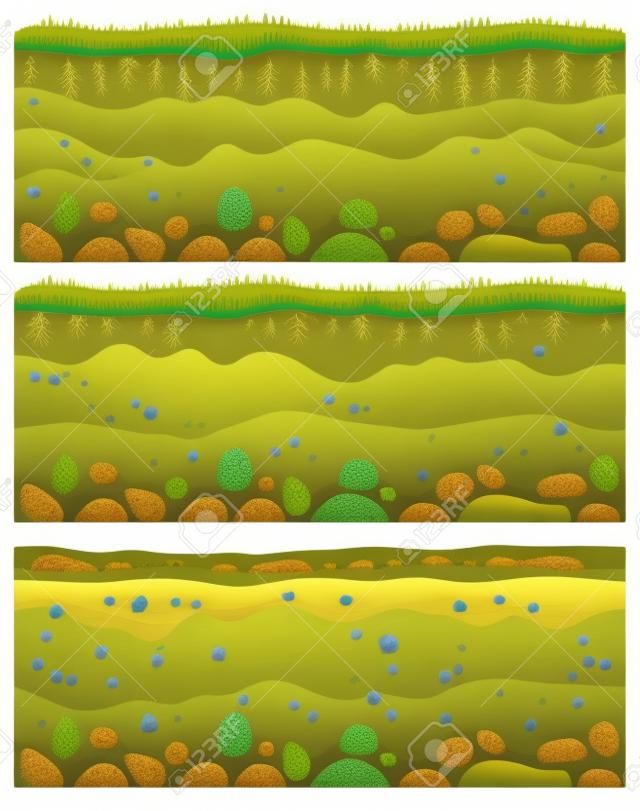 Seamless soil layers. Layered dirt clay, ground layer with stones and grass on dirts cliff texture, underground buried rock, archeology landscape cartoon vector pattern isolated set