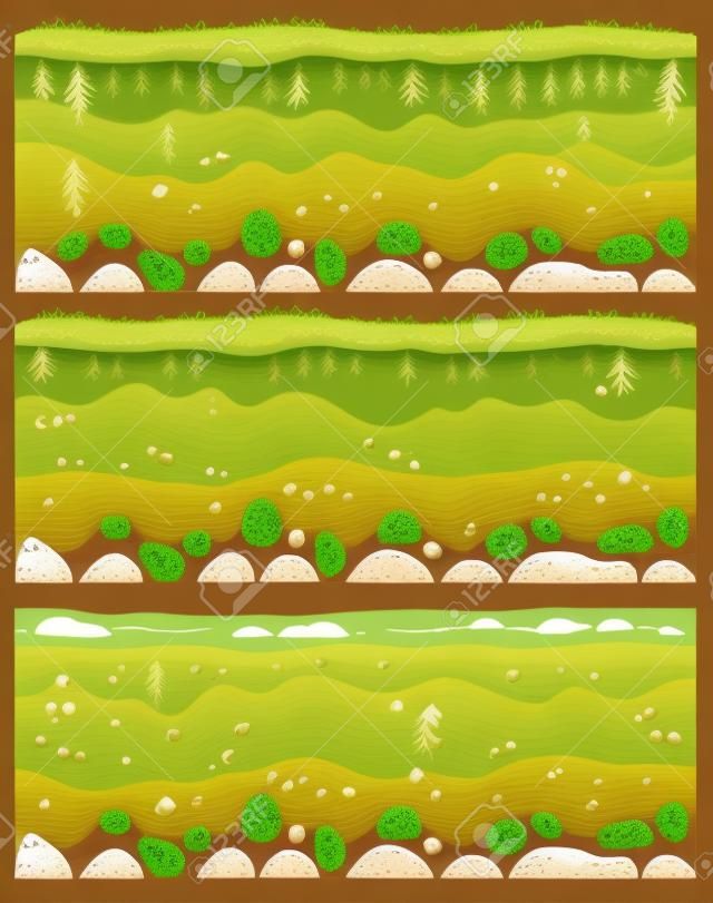 Seamless soil layers. Layered dirt clay, ground layer with stones and grass on dirts cliff texture, underground buried rock, archeology landscape cartoon vector pattern isolated set