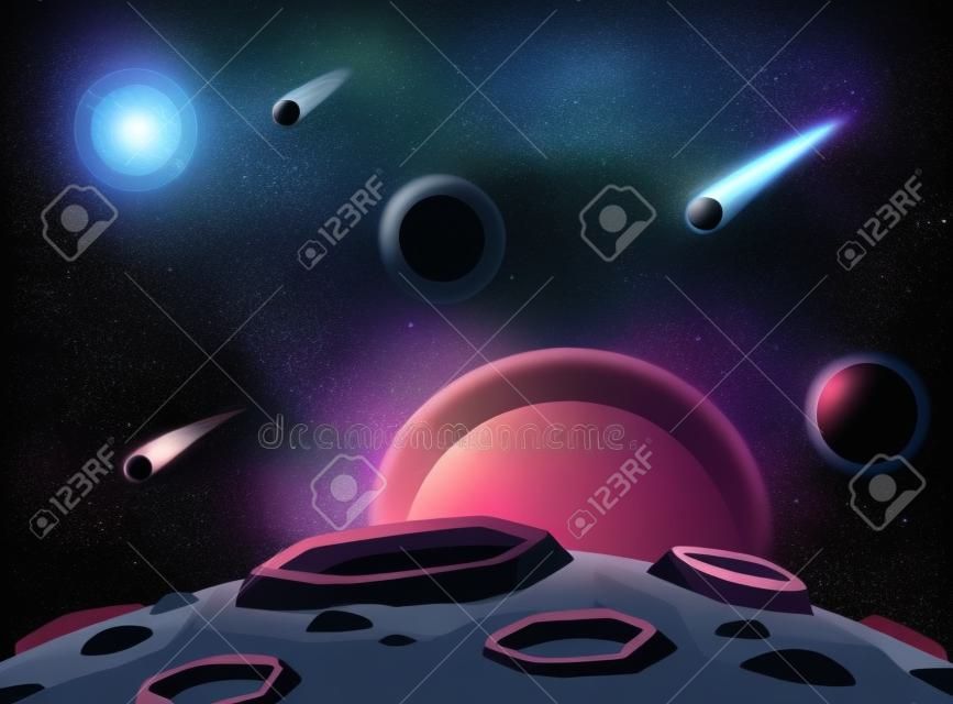 Superficie dell'asteroide spaziale. Pianeta con superficie di crateri, paesaggio di pianeti spaziali e cratere di cometa. Atmosfera futuristica, pioggia di meteoriti orizzonte terra, illustrazione vettoriale di cartoni animati per la distruzione della luna
