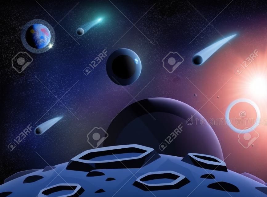 Space asteroid surface. Planet with craters surface, space planets landscape and comet crater. Futuristic atmosphere, meteorite rain horizon land, moon destruction cartoon vector illustration