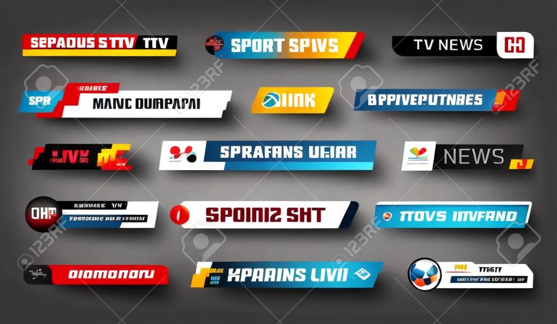 Tv news bar. Television broadcast media title banner. Sports tv show news channel media bar header or football advertising channels bars. Isolated vector symbols set