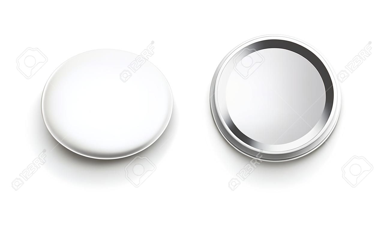 Insigne de bouton vierge. Badges blancs, bouton épingle et dos épinglé. Boutons ronds en métal ou épingle 3D en plastique cercle brillant. Maquette de vecteur isolé réaliste