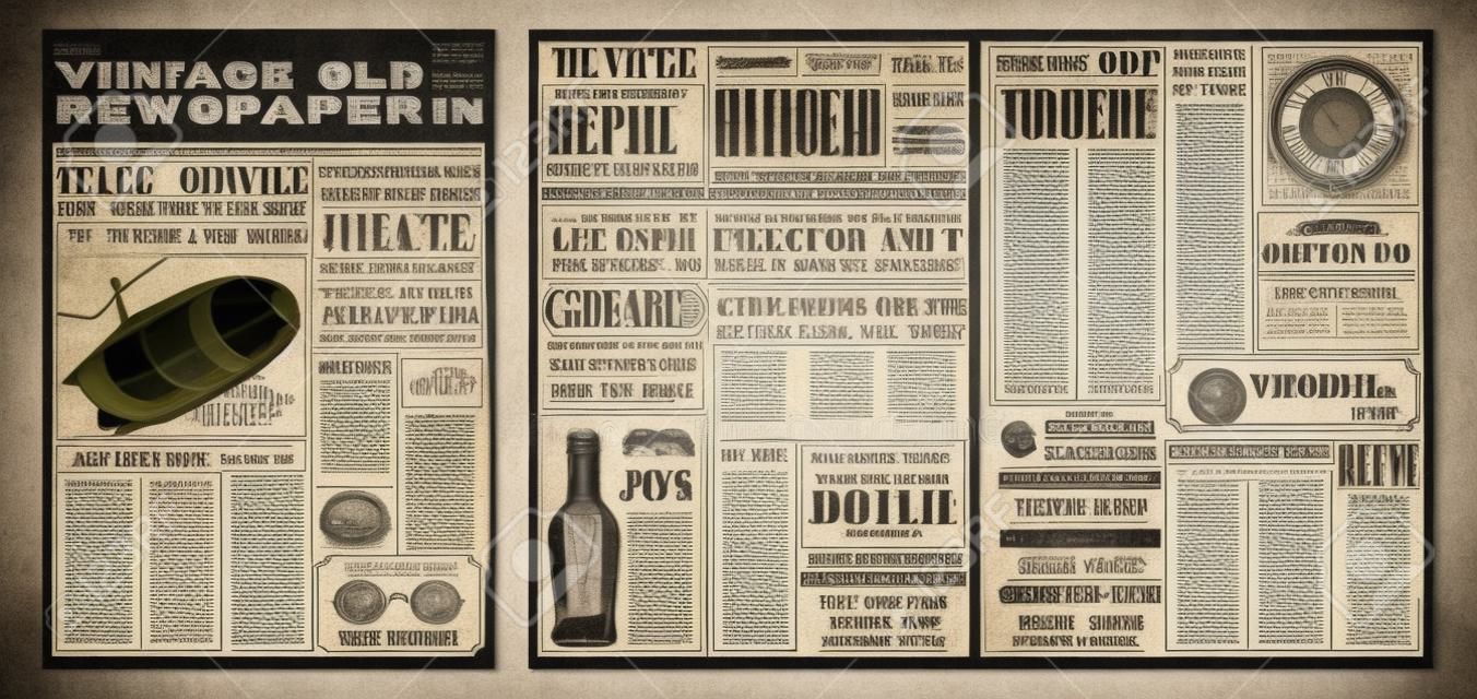 Vintage Zeitungsvorlage. Retro-Zeitungsseite, alte Schlagzeile und Zeitschriftenseitenraster. Antikes Zeitungsdruckplakat, Zeitungsbroschürenschablonenvektorillustrationslayout