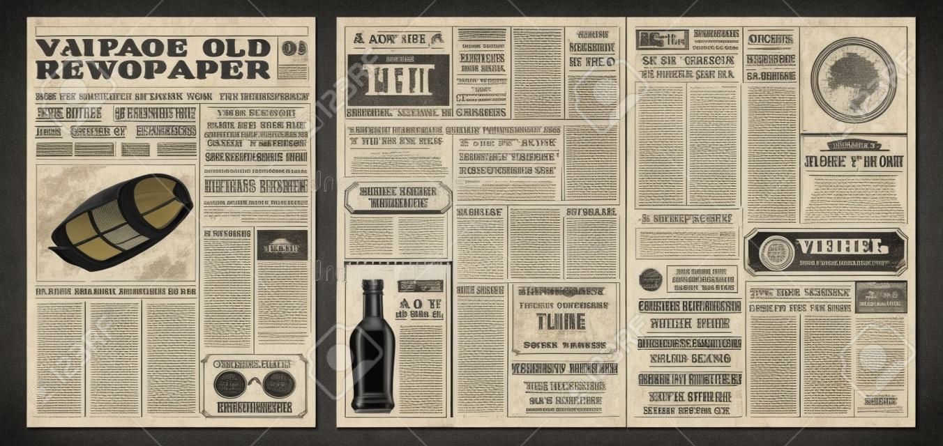 Vintage Zeitungsvorlage. Retro-Zeitungsseite, alte Schlagzeile und Zeitschriftenseitenraster. Antikes Zeitungsdruckplakat, Zeitungsbroschürenschablonenvektorillustrationslayout