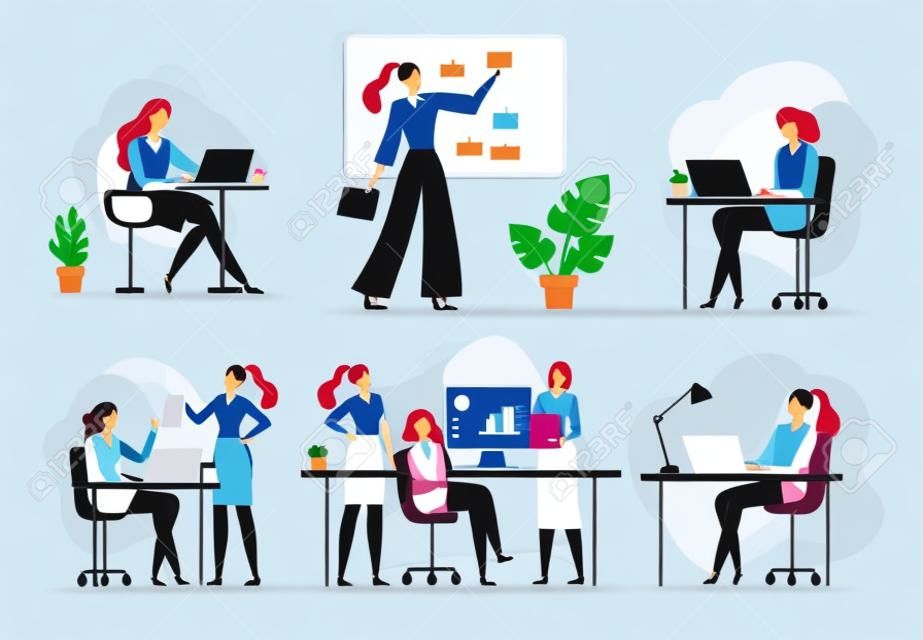 Female office workers. Business woman holds meeting, women team work together and businesswoman with laptop. Working female, executive woman employee vector illustration isolated icons set