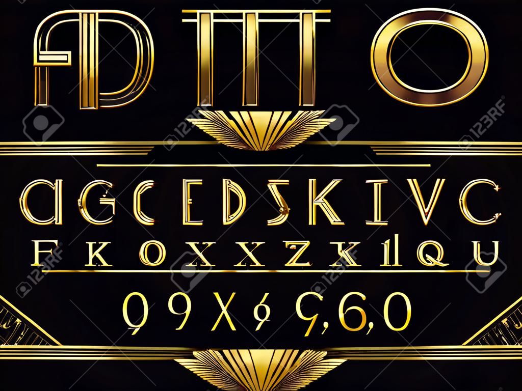 Art deco lettertype. Golden 1920s decoratieve letters, vintage mode typografie en oude gouden alfabet vector set