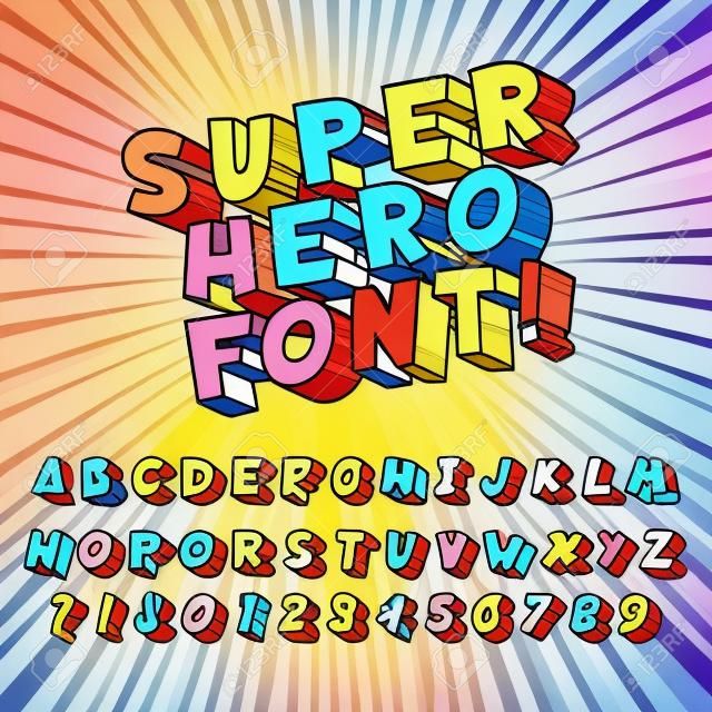 슈퍼 영웅 만화 글꼴입니다. 만화 그래픽 인쇄술, 재미있는 슈퍼 히어로 알파벳 및 창의적인 글꼴 문자 기호 벡터 세트