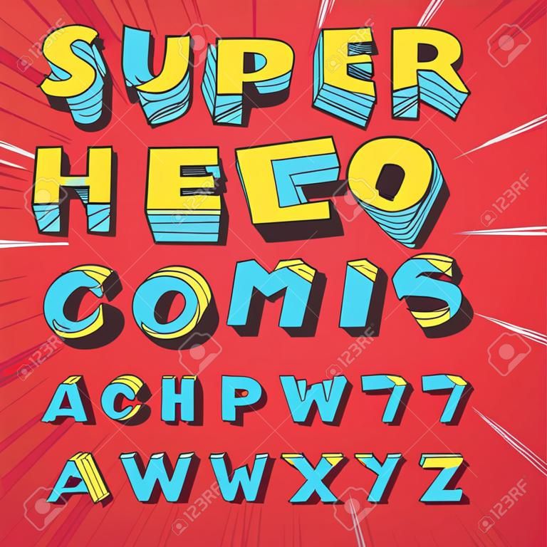 슈퍼 영웅 만화 글꼴입니다. 만화 그래픽 인쇄술, 재미있는 슈퍼 히어로 알파벳 및 창의적인 글꼴 문자 기호 벡터 세트