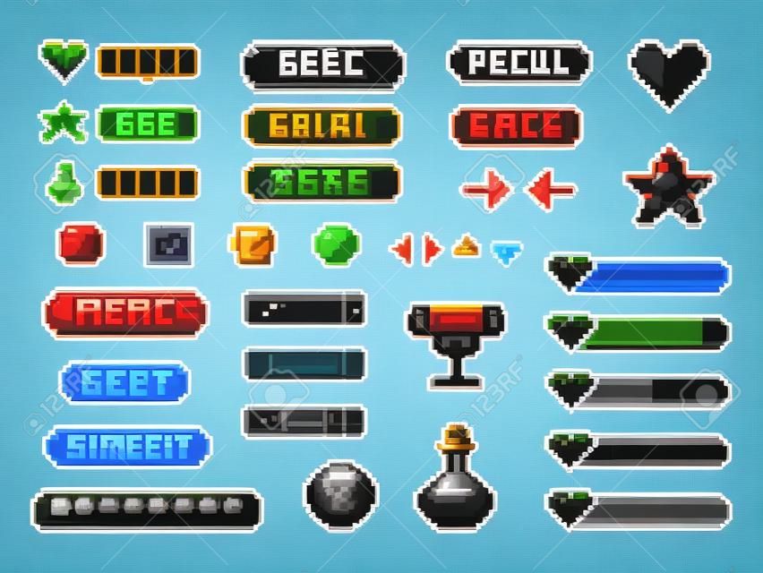 ピクセルゲームボタン。ゲームUI、ゲームコントローラの矢印と8ビットピクセルボタン。ゲームピクセルアートマジックアイテム、デジタルピクセル化された生活バーとメニューボタン。ベクター分離シンボルセット
