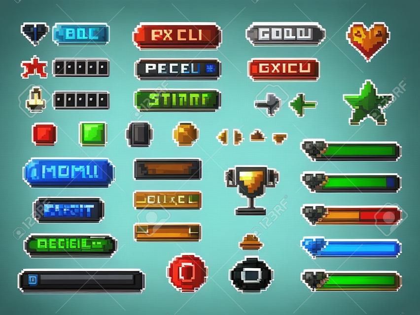 Pixel game buttons. Games UI, gaming controller arrows and 8 bit pixels button. Game pixel art magic items, digital pixelated lives bar and menu button. Vector isolated symbols set