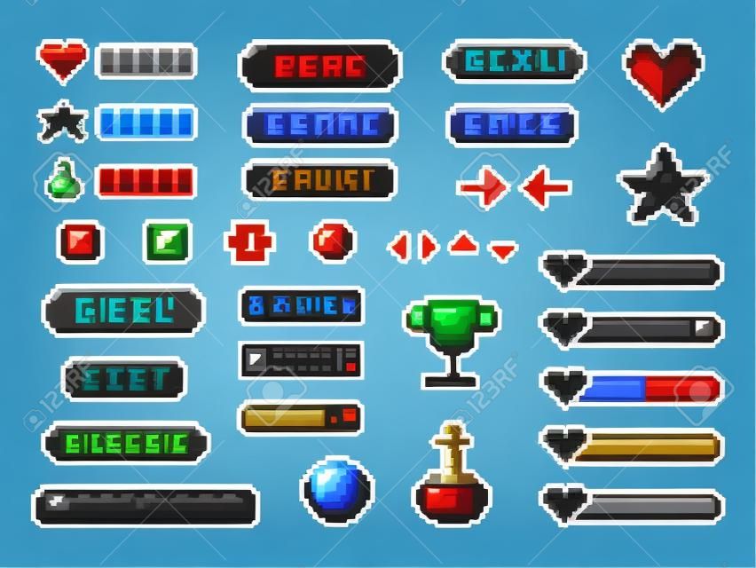 Botões do jogo do pixel. IU dos jogos, setas do controlador do jogo e botão dos pixels de 8 bocados. Itens mágicos da arte do pixel do jogo, barra pixelada digital das vidas e botão do menu.